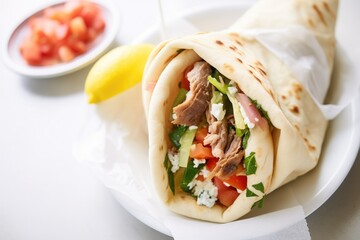 stuffed gyros pita with fries on white paper