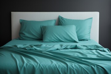  a bed with green sheets and pillows in a room with a black wall and a white headboard with a white headboard.