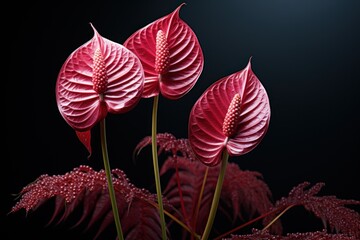  a group of red flowers sitting on top of a lush green plant filled with lots of red flowers on top of a black background.