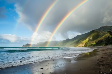 A double rainbow at the foot of a mountain against the backdrop of the sea and a large white cloud. The concept of an unusual natural phenomenon.

