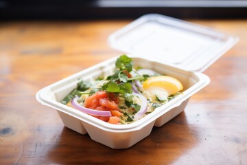 huevos rancheros packed as a to-go meal, biodegradable container
