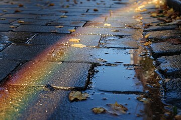 A seven-color rainbow against the background of wet paving stones. The concept of an unusual natural phenomenon.