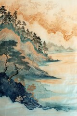 Peaceful Japanese traditional riverbank painting at dawn, ideal for wall art and printing design