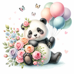 Cute panda with flower rose, balloons, butterfly, kids cartoon illustration