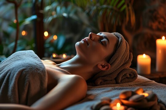 A woman relaxes at home against the background of candles and indoor plants. The concept , relaxatiof healingon, rejuvenation and restoration of the body.  
