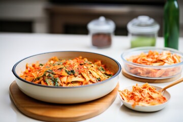 freshly chopped kimchi next to pancake batter - obrazy, fototapety, plakaty