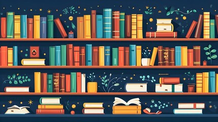 Flat Vector Design of a whimsical bookshelf filled with enchanted books, generative AI