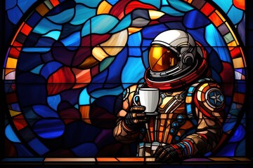  a stained glass window with a man in a spacesuit holding a cup in front of a stained glass window.