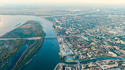 Astrakhan, Russia. View of the city during sunset. Volga river, Aerial View