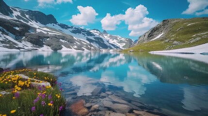 Azure Blue Glacier Lake, A pristine high-altitude lake surrounded by glaciers, reflecting the vibrant blue of the sky, background image, generative AI - obrazy, fototapety, plakaty