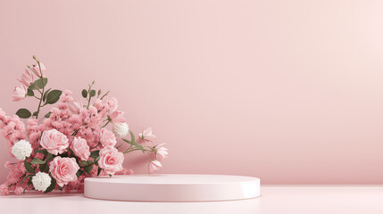 Obraz na płótnie Canvas Elegant pink floral arrangement on a minimalistic podium with a soft pink background, likely for a springtime or Mother's Day concept
