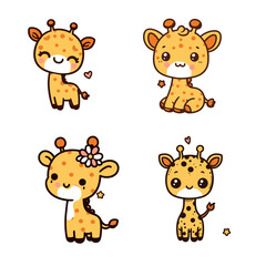 Cute cartoon baby giraffe set. Vector illustration isolated on white background.