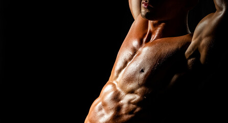 Protein supplements. Muscles for actions. Torso and six packs, attractive naked male body. Muscular...