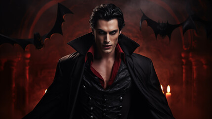 Portrait of a young handsome vampire person in a dark suit, halloween mood - obrazy, fototapety, plakaty