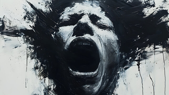 Intense Black and White Painting of a Screaming Woman