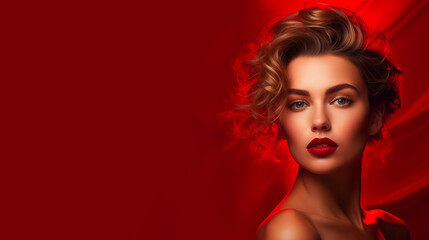 Beautiful blonde woman on the red background, valentines, sexy, glamourous - obrazy, fototapety, plakaty