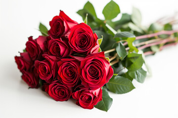 A bunch of vibrant red roses with green leaves on a white background, typically associated with romance or Valentine's Day