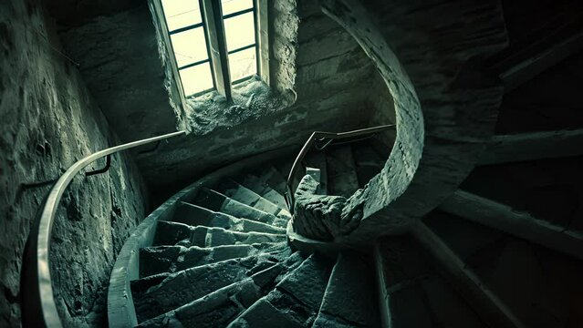 Each step I took on the winding staircase echoed loudly, almost in defiance of the eerie silence that enveloped the haunted tower. Fantasy animatio