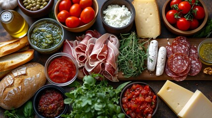Fototapeta premium Sandwich Ingredients Array arrangement of fresh and diverse sandwich ingredients, such as bread, meats, cheeses, vegetables, and condiments
