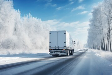  a semi truck driving down a snow covered road in the middle of a wintery forest with snow on the ground and trees on either side of the road or side of the road.