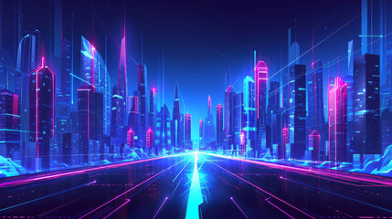 Fototapeta na wymiar Futuristic night city. Cityscape on a colorful background with bright and glowing neon lights. 
