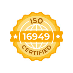 Vector emblem for ISO 16949 Certified quality management in the automotive sector, featuring a golden seal and global recognition
