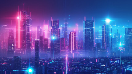Futuristic night city. Cityscape on a colorful background with bright and glowing neon lights. 