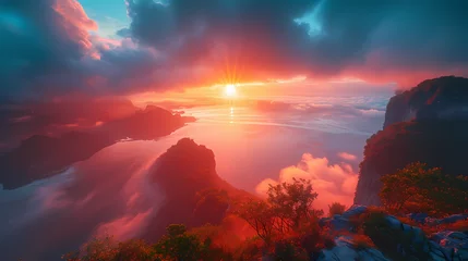 Zelfklevend Fotobehang red sunset over the mountains © Tri_Graphic_Art