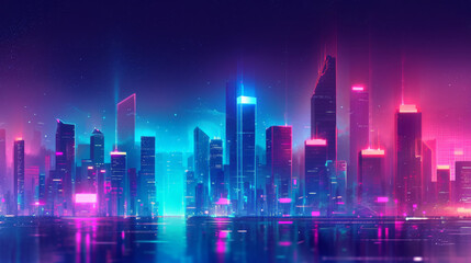 Futuristic night city. Cityscape on a colorful background with bright and glowing neon lights. 