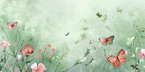 Spring season on green watercolor background. Hand drawn floral and insect wallpaper with pink wild flowers and group of butterflies.