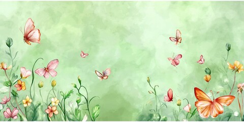 Spring season on green watercolor background. Hand drawn floral and insect wallpaper with pink wild flowers and group of butterflies.