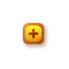 Plus glossy ui button icon, sound adding or mathematic option yellow square symbol, cartoon vector GUI game interface
