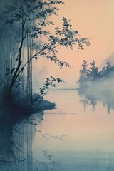Obraz na płótnie Canvas Tranquil Japanese traditional riverbank painting at dawn, ideal for wall art and printing design