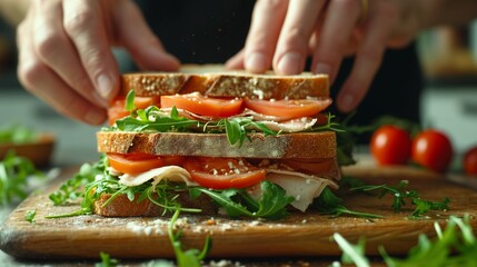 Sandwich Making, hands carefully layering and arranging ingredients on slices of bread, showcasing the thoughtfulness in creating a balanced and visually appealing sandwich. - obrazy, fototapety, plakaty