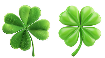 Two illustrated 3D four-leaf clovers on a transparent background, symbolizing luck and St Patrick's Day