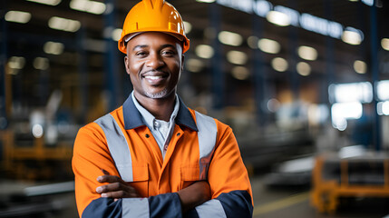 
Portrait of a happy African American factory worker wearing a hard hat and work clothes standing beside the production line.
