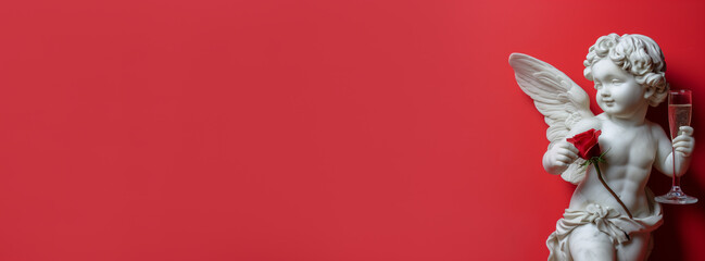 Statue of an cupid holding a red rose and a glass of champagne against a vibrant red background, evoking themes of romance and Valentine's Day