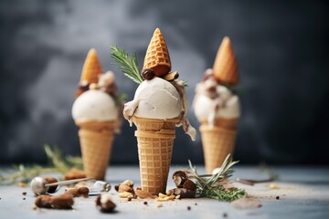 nut milk ice cream scoops with cone and nuts on top