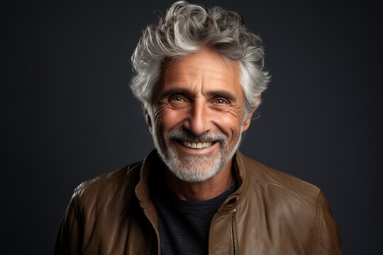 Portrait of a happy senior man with grey hair and beard in a leather jacket.
