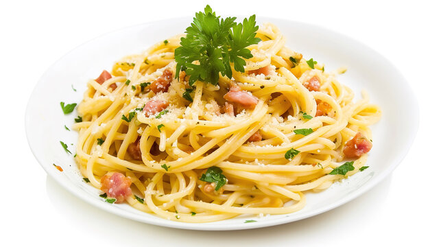 Pasta carbonara, with empty copy space, food advertising, professional food photography, on isolated white background