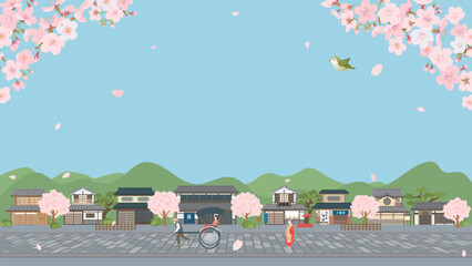 Obraz premium 春の町家の風景（フルHD 16:9サイズ）