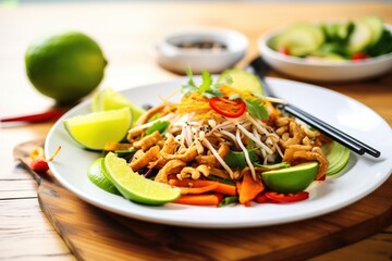 vegan pad thai with cashews and avocado slices