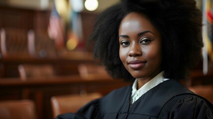 Portrait of a black female judge on duty against court atmosphere background, background image, generative AI