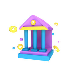 3d illustration of the central bank building with coin and crypto currency icons, for 3d bank icons or illustrations. 3d rendering