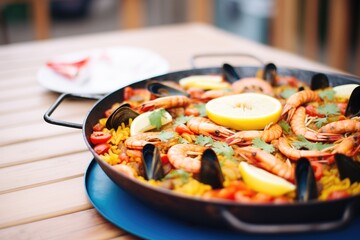seafood paella with focus on juicy prawns on top