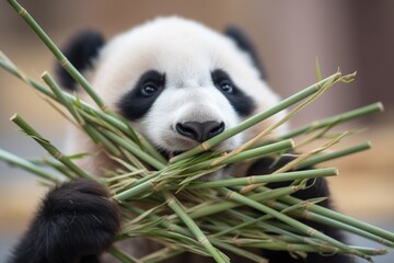close-up of panda chewing bamboo stems