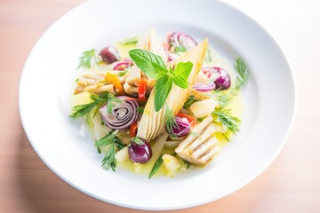 pasta salad with artichokes and red onion, drizzled with vinaigrette