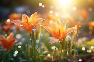  a group of orange flowers with drops of water on them in a field of grass with the sun shining in the background.