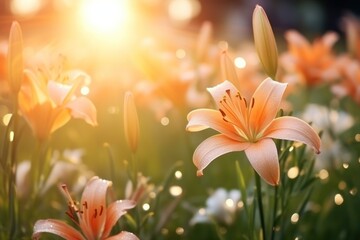  a close up of a bunch of flowers with the sun shining through the backgrouds of the flowers.