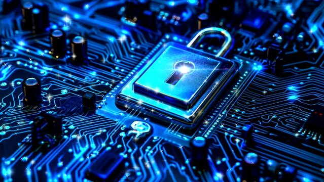 Cyber Security Fortress: A close-up of a futuristic circuit board, dominated by a prominent padlock symbol, symbolizing the core principles of digital security and data protection.